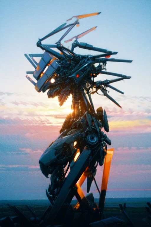 (Ellen Jewett)
1girl, neon Vibrant colors, dance Pose, Neon Cyborg, eye Camera Focus,
flat illustration, abstract
contemporary, feminism, installation, mixed-media, organic Metal particles and pieces in the air
Envision an ancient robotic humanshaped Computer standing in a vast, sun-kissed prairie. The boundless expanse stretches to the horizon, and the robotic human graceful figure harmonizes with the natural beauty of the open wasteland.