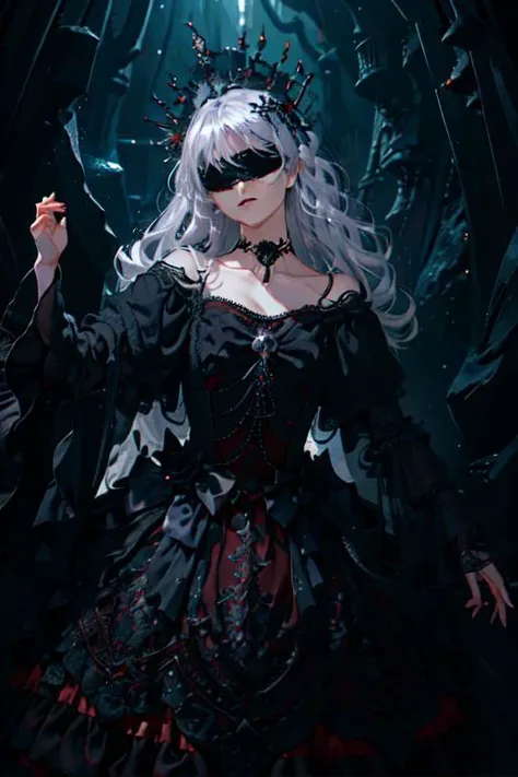 (masterpiece:1.4), (Best quality:1.2), (highres:1.2), (scenary:1.2), Dynamic light, 4k, 8k, 1girl, black dress, (Luxurious, choker, Jewelry), (Light from the depths, Dark), (Silver crown, black flowers, Black blindfold), detailed face,