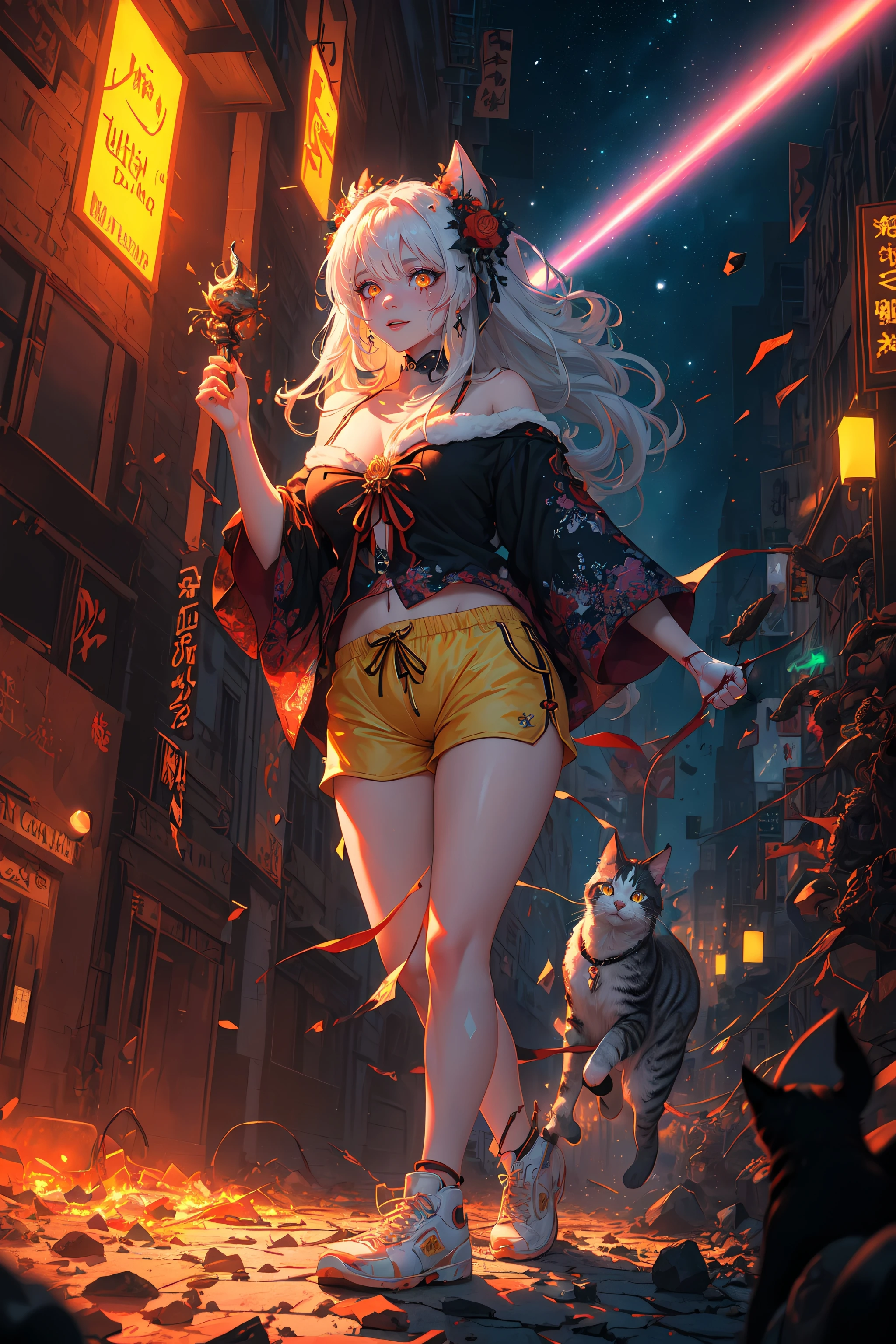 (goddess of death:1.3), Japanese mythology, (featuring mythical creatures), solar system, milky way, dream, fantasy, (abstract background:1.3), masterpiece, ultra realistic, 32k, extremely detailed CG unity 8k wallpaper, best quality","(((masterpiece))), (((best quality))), ((highly detailed)),, (royal pose), (noble cat), (digital art)","deuzear,smiling, red glowing patterns, black eyes, (white furs and ears), (((3/4 view, three-quarter view, strong rim light, city blurry background, walking, relaxed, night, dark scene:1.2))), ESAO, unreal engine 5 quality render, a 3D render, ultra realistic furs, realistic lights, ultra detailed","frilly hairstyle, latex dress, torso, body, 8k, ultra-detailed, highres, (shattered glass skin, shattering skin:1.2), (best quality, masterpiece:1.2), (deformad neon light:1.3), soft particles of fractal fire, volumetric lighting, (masterpiece, best quality), 1girl, dolphin shorts, yellow shorts, sitting, sneakers,, masterpiece, best quality, highly detailed,(incoming death, hell, black bloody veins growing and intertwining out of the darkness, oozing thick yellow blood, veins growing and pumping blood:1.2), (chaos body, pure chaos girl:1.2) ,(vascular networks growing, connecting, explanding, red veins everywhere, zdzislaw beksinski:1.2), (sharp colors:1.3), (Infrared:1.2), ultra detailed, intricate, oil on canvas, ((vector art, ultra sharp)), (soft light, sharp:1.2), detailed, (backlighting), succubus girl, chaos energy