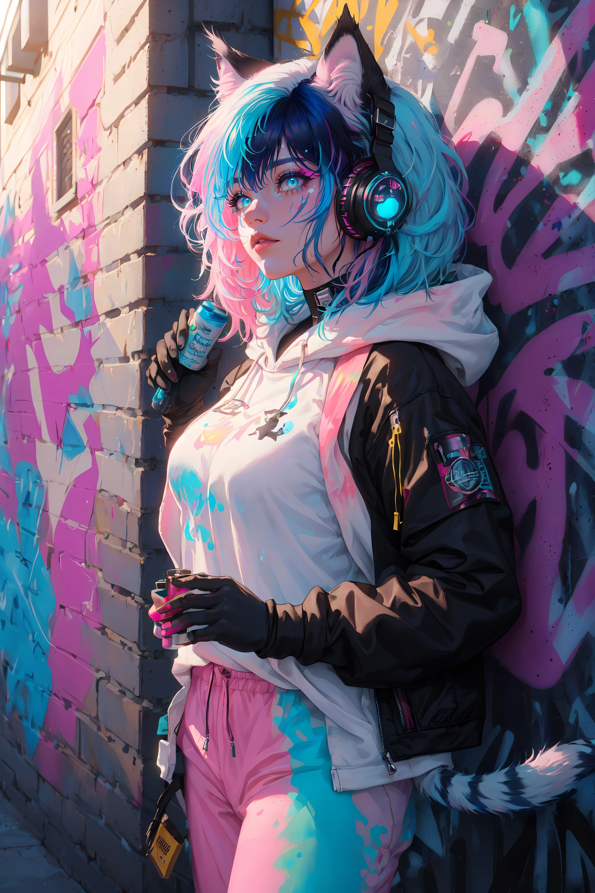 (Masterpiece:1.2), best quality, (illustration:1.2), (ultra-detailed),Eye focus,(Masterfully crafted Glow, pink lens flare), (Cinematic background), hyper details,(delicate detailed), (intricate details), octane render, hdr, (hyperdetailed:1.15), (((colourful))),(soft light:1.2), 1girl,(lynx ears:1.3) , (lynx girl), (cat tail:1.5), beautiful girl, ultra detailed eyes, mature, plump, thick, rainbow painting drops, paint teardrops, woman made up from paint, entirely paint, splat, splash, (outside), (bioluminescent hair:1.5),(glowing eyes:1.2), ((makeup)),(Cinematic masterpiece), fierce, powerful, splashes of colour absolutely eye-catching, (Cinematic headlight), (realistic bounce lighting:1.2),((caustic)), dynamic angle, beautiful detailed glow, ambient occlusion, ambient light, raytraced reflections,(best illumination, an extremely delicate and beautiful), ((cinematic light)), (soft:2), (whimsical:2) , intricate background, vibrant, dreamscape, (painting graffiti:1.3), (glowing tail), (painted city landscape), (Urban),(realistic urban fashion), (expressive:1.2), good form, athletic , (mirrored world), (long flowing black hair:1.1), wavy hair, (colourful hair highlights),(Cyberpunk Techwear Japanese Streetwear Longline Hoodie),(Cyberpunk Streetwear Kanji Joggers), glowing headphones, beanie, (graffiti wall), unfinished graffiti, ghetto,(looking at wall:2),black hoodie, (backwall present),(holding spraycan:1.3), (colourful mist), buckles, belts, straps, a girl standing in front of a graffiti wall, cyberpunk art, (by LAM), Mika Pikazo, graffiti, <lora:urbansamuraiv3testing:0.2>, techwear jacket, black gloves, with buckle and tape, (blue and pink hair),(Dual colour hair:2),(Blue hair),
