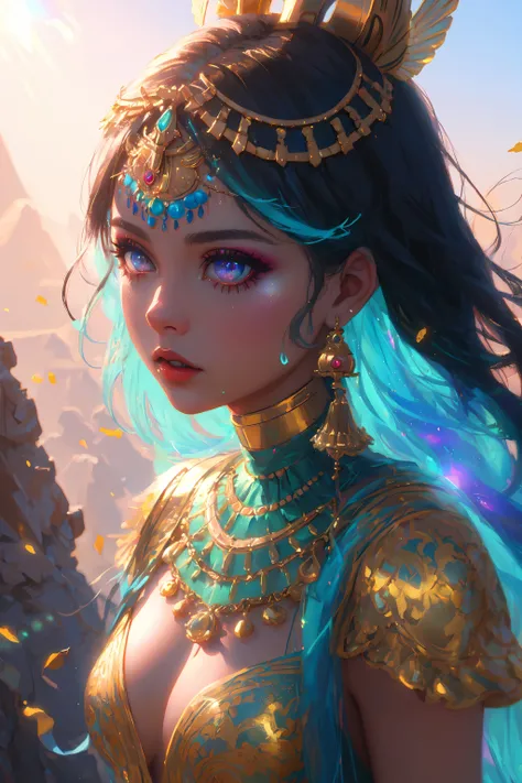 (Masterpiece:1.2), best quality, (illustration:1.2), determination, (ultra-detailed),Eye focus,(Masterfully crafted Glow,pink lens flare), (Cinematic background), hyper details, (delicate detailed), Climbing Mountain, (intricate details), (cinematic light, best quality Backlights), clear line, from above, solo female, solo female, perfect body, (1girl), bioluminescent hair, glowing eyes, (Egyptian royalty, luminescent clothes and hair),(Black red blue gold fantasy egyptian clothing:1.1), slightly close eyes, Desert, (Tanned skin:1.2), ((makeup)), high contrast, (best illumination, an extremely delicate and beautiful), ((cinematic light)), colorful,((Photoshop Pastel Painting:1.1)), Elegant, (Cinematic masterpiece), fierce, powerful, splashes of colour absolutly eye-catching, ((colourful paint splashes on transparent background, dulux,)), ((caustic)), dynamic angle,beautiful detailed glow, Gold, tribal, (Chasing Dreams),ambient occlusion, ambient light
