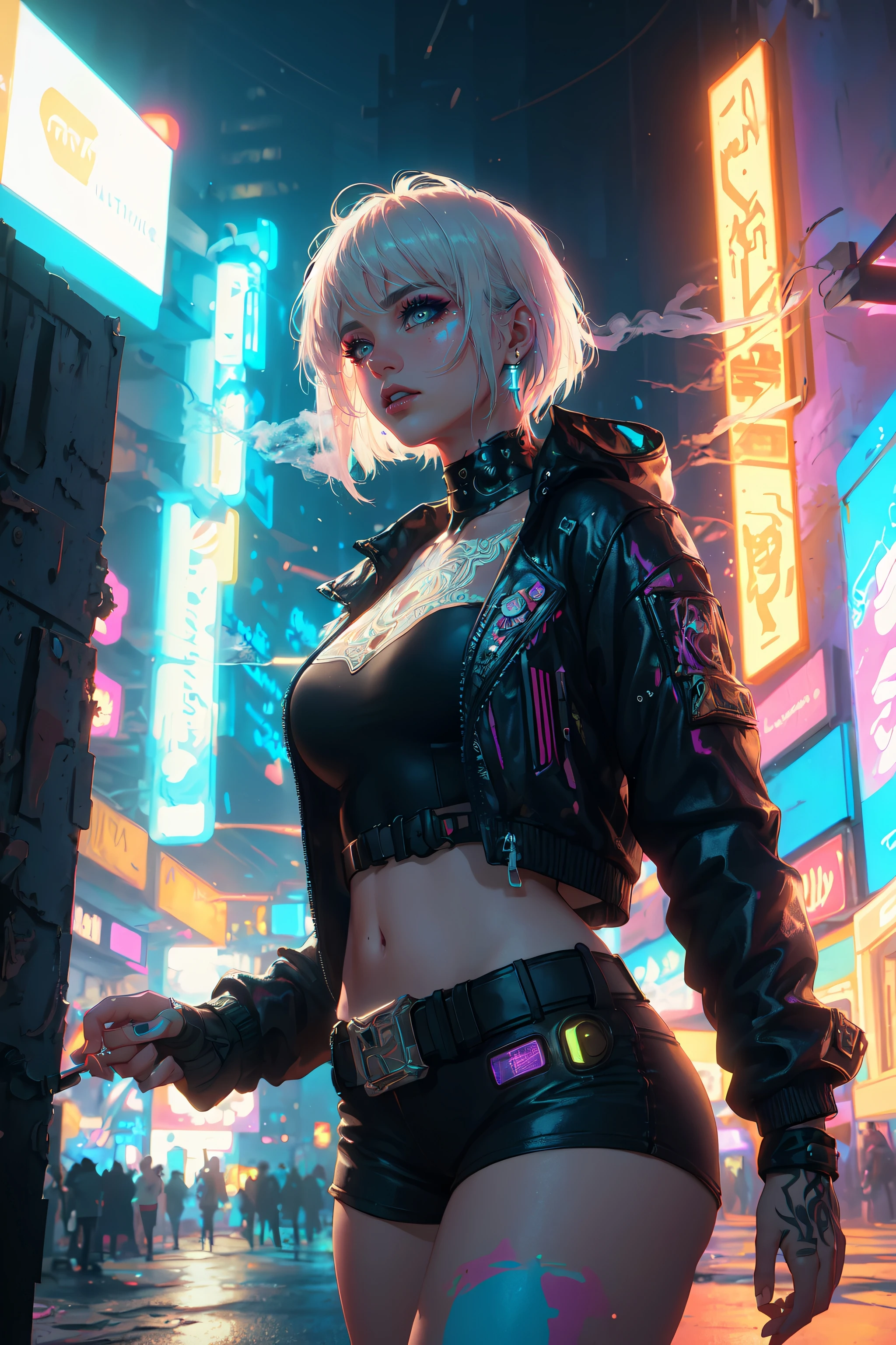 (Masterpiece:1.2), best quality, (illustration:1.2), determination, broll,(Masterfully crafted Glow, lens flare), (ultra-detailed), hyper details, (delicate detailed), (intricate details), (cinematic light, best quality Backlights), clear line, solo female,(smoking), solo female, perfect body, (1girl), bioluminescent hair, glowing eyes, lucy \(cyberpunk\),(supermodel:1.1), slightly close eyes, new york, (Dynamic:1.2), ((makeup)), high contrast, (best illumination, an extremely delicate and beautiful), ((cinematic light)), colourful, powerful, (Cinematic masterpiece), photoshoot, cyberpunk 2077, graffiti, splashes of colour, absolutely eye-catching, ((colourful paint splashes on background, dulux,)), ((caustic)), dynamic angle, beautiful detailed neon lights, (Captivating),(Intricate Detailed Cinematic Cyberpunk city:1.2), short shorts, shorts, open jacket, belt, bodysuit, ambient occlusion, ambient light, ray-traced reflections, intricately detailed cyberpunk city, subsurface scattering, Post-processing, neon street signs, asymmetrical hair, short hair, white hair,<lora:lucyCyberpunk_35Epochs:0.1>