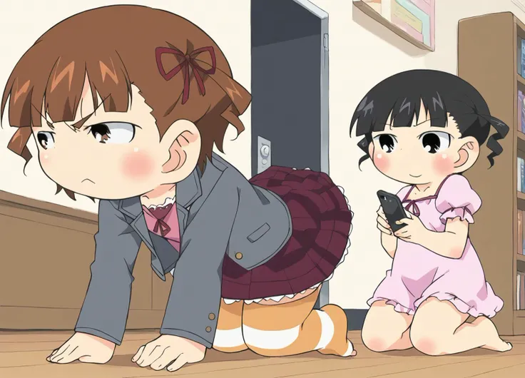 score 9, [[source anime|screenshot]::5] mitsudomoe,, 2girls, multiple girls, indoors, blunt bangs, full body, [blush::2], no shoes, female pervert [from below, bedroom, wooden floor:3] 
ADDCOMM
1girl, (mitsuba marui:1.2), [short twintails:medium hair:4], hair ribbon, red ribbon, brown eyes, skirt, jacket, striped thighhighs, all fours, looking to the side,, angry, arm support, facing viewer, skirt lift, lifted by another [pink shirt, door:4]
 <lora:mitsuba:0.9>
ADDCOL
1girl, sugisaki miku, pink dress, black hair, black eyes, [twin drills::6], smile, leaning forward, holding phone, full body, blush, one knee, kneeling, barefoot, lifting another's clothes, (flip phone:1.2), flash [thighhighs:2] [bookshelf, closet, puffy short sleeves:3]
<lora:MikuSugisaki:0.9>