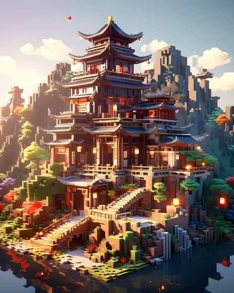 Blocky and pixelated aesthetic,pixel art,4k,realistic,game CG rendering,nature light,shadows,minecraft,<lora:minecraft:1>,
chinese building,