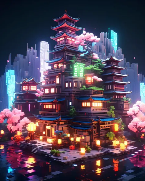 Blocky and pixelated aesthetic,pixel art,4k,realistic,game CG rendering,nature light,shadows,minecraft,<lora:minecraft:0.9>,
east asian architecture,cyberpunk,night,neo light,bloom,colorful,glowing,