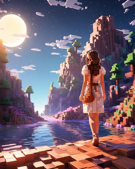 a voxel (naked) woman as a Minecraft sitting on the building rooftop at night, [MELISSA BENOIST], [Evanna Lynch], Emma Watson, maximalist goth, neon sign lights, by Carne Griffiths, Pino Daeni, thick ass, PERFECT (((gorgeous FACE))), highly detailed, INTRICATE