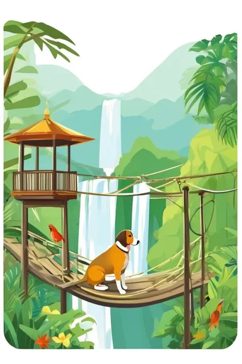 flvcil06 style <lora:style_06_cozy_palette_l0-x_flvcil06_style:1>, dog standing,
butler, ancient,
Rainforest and hanging bridges and exotic birds,
high quality, masterpiece, highres,