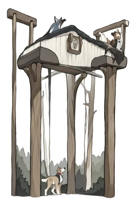 flvcil16 style <lora:style_16_cozy_palette_l0-p_flvcil16_style:1>, dog standing,
butler, ancient,
Rainforest and hanging bridges and exotic birds,
high quality, masterpiece, highres,