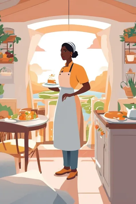 flvcil09 style <lora:style_09_sleek_sharpie_l0-x_flvcil09_style:1>, woman  standing, 
chef, hyperdetailed,
Quaint bed and breakfast and sunrise, 
high quality, masterpiece, highres,