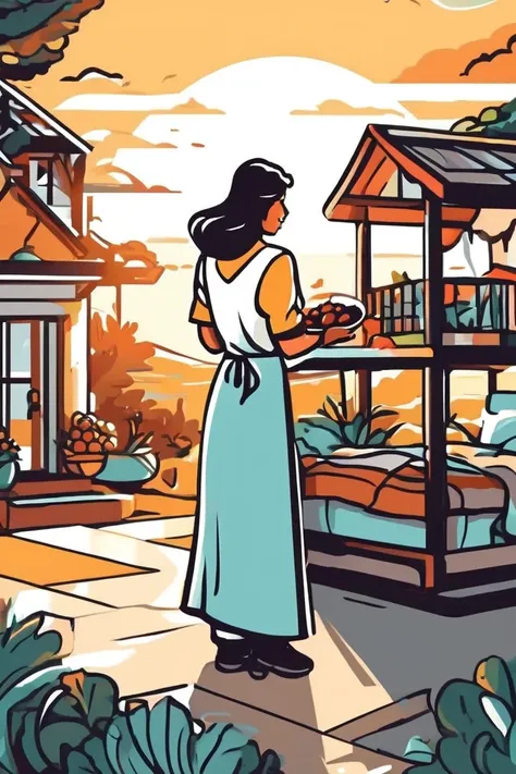 flvcil07 style <lora:style_07_vibrant_pulse_l3-x_flvcil07_style:1>, woman  standing, 
chef, hyperdetailed,
Quaint bed and breakfast and sunrise, 
high quality, masterpiece, highres,