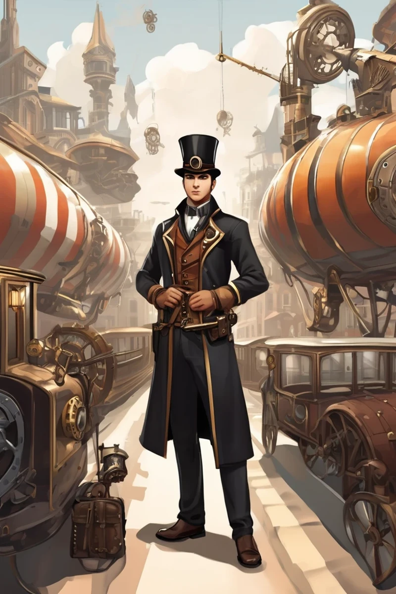 flvcil09 style <lora:style_09_sleek_sharpie_l0-x_flvcil09_style:1>, man standing,
train attendant, striped,
Steampunk city and airships and gears,
high quality, masterpiece, highres,