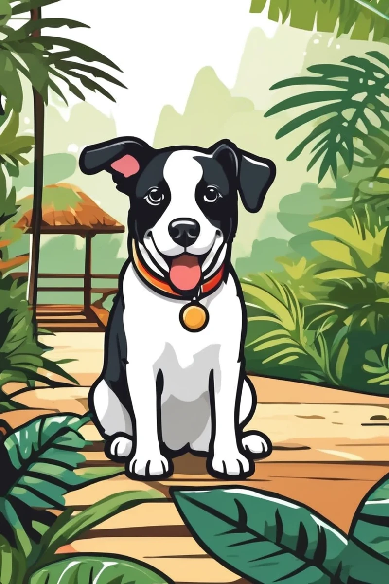 flvcil07 style <lora:style_07_vibrant_pulse_l3-x_flvcil07_style:1>, dog standing,
butler, ancient,
Rainforest and hanging bridges and exotic birds,
high quality, masterpiece, highres,