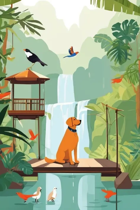 flvcil09 style <lora:style_09_sleek_sharpie_l0-x_flvcil09_style:1>, dog  standing, 
butler, ancient,
Rainforest and hanging bridges and exotic birds, 
high quality, masterpiece, highres,