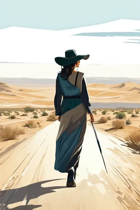 flvcil06 style <lora:style_06_cozy_palette_l0-x_flvcil06_style:1>, woman cluseup  standing, 
artist painter, draconian,
Desert highway and endless horizon, 
high quality, masterpiece, highres,