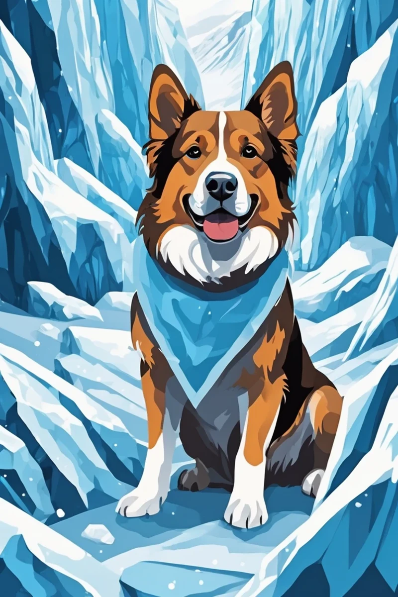 flvcil10 style <lora:style_10_pattern_heavy_l2-x_flvcil10_style:1>, dog standing,
actress, fallacious,
Glacial ice cave and blue tones,
high quality, masterpiece, highres,