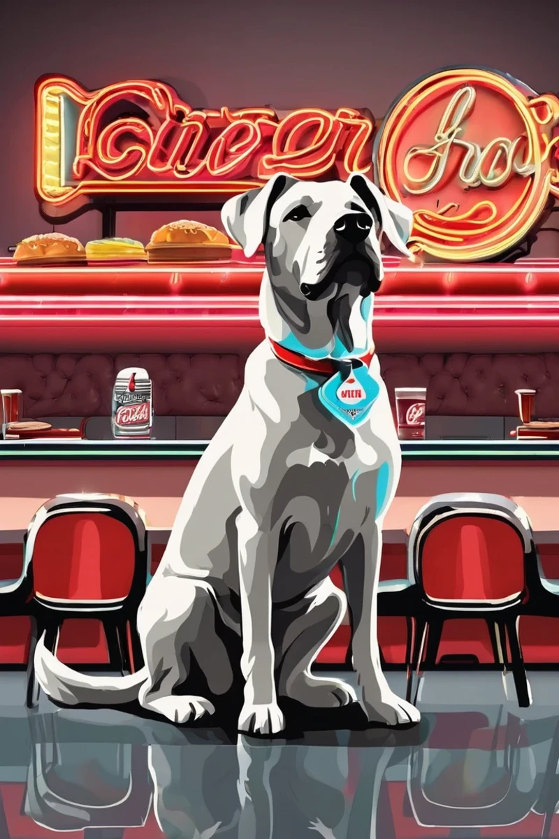 flvcil10 style <lora:style_10_pattern_heavy_l2-x_flvcil10_style:1>, dog standing,
engineer, fascinating,
Classic diner and neon sign,
high quality, masterpiece, highres,