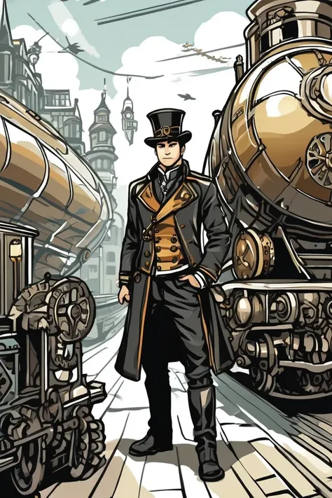 flvcil07 style <lora:style_07_vibrant_pulse_l3-x_flvcil07_style:1>, man standing,
train attendant, striped,
Steampunk city and airships and gears,
high quality, masterpiece, highres,