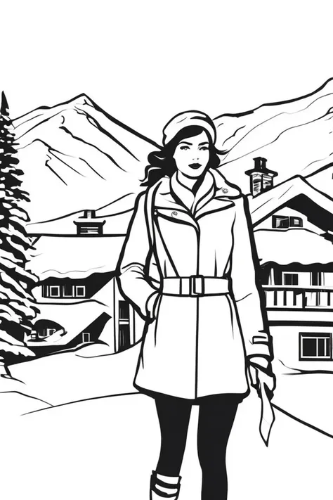 flvcil05 style <lora:style_05_line_art_l2-x_flvcil05_style:1>, woman cluseup  standing, 
sailor, elegant,
Snowy mountain lodge and ski slopes, 
high quality, masterpiece, highres,