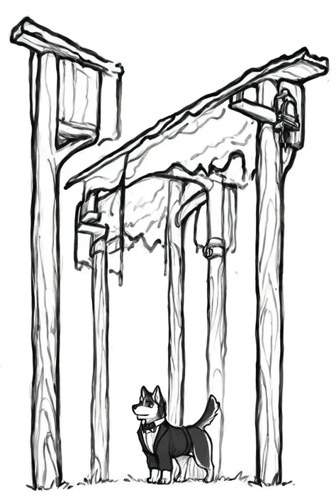 flvcil15 style <lora:style_15_line_art_l2-p_flvcil15_style:1>, dog standing,
butler, ancient,
Rainforest and hanging bridges and exotic birds,
high quality, masterpiece, highres,