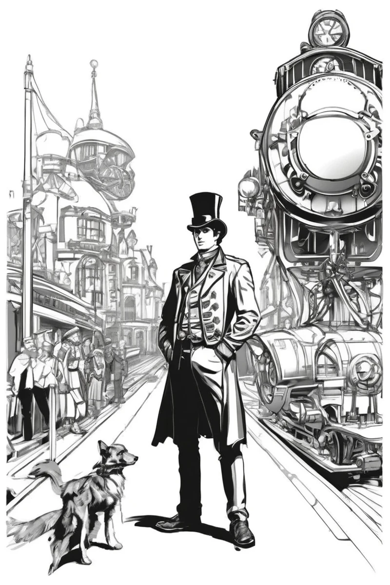 flvcil05 style <lora:style_05_line_art_l2-x_flvcil05_style:1>, man standing,
train attendant, striped,
Steampunk city and airships and gears,
high quality, masterpiece, highres,