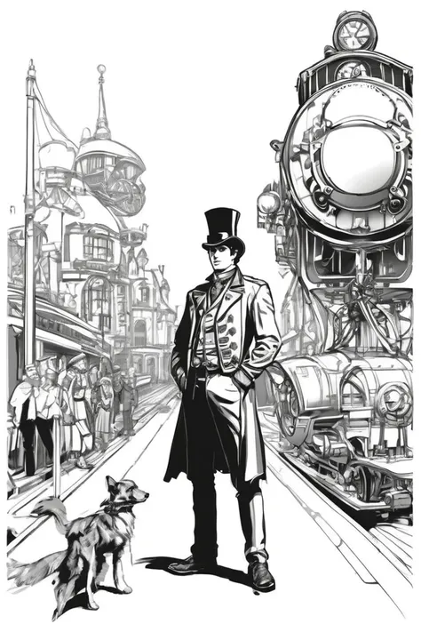 flvcil05 style <lora:style_05_line_art_l2-x_flvcil05_style:1>, man  standing, 
train attendant, striped,
Steampunk city and airships and gears, 
high quality, masterpiece, highres,