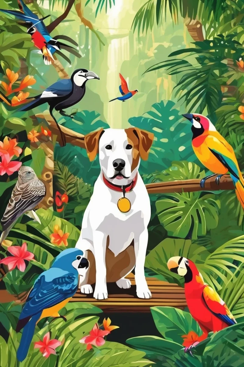 flvcil10 style <lora:style_10_pattern_heavy_l2-x_flvcil10_style:1>, dog standing,
butler, ancient,
Rainforest and hanging bridges and exotic birds,
high quality, masterpiece, highres,