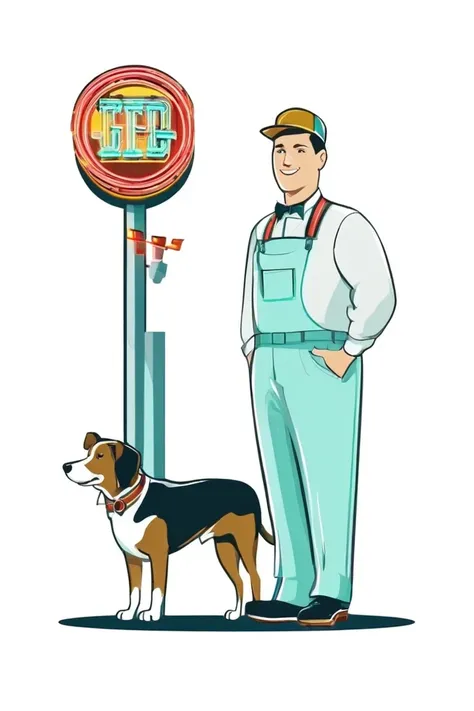 flvcil06 style <lora:style_06_cozy_palette_l0-x_flvcil06_style:1>, dog  standing, 
engineer, fascinating,
Classic diner and neon sign, 
high quality, masterpiece, highres,