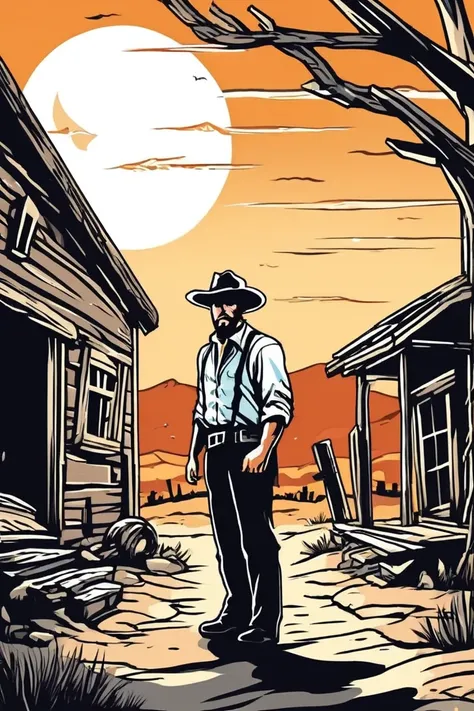 flvcil07 style <lora:style_07_vibrant_pulse_l3-x_flvcil07_style:1>, man  standing, 
prisoner, sturdy,
Old western ghost town and dusk, 
high quality, masterpiece, highres,