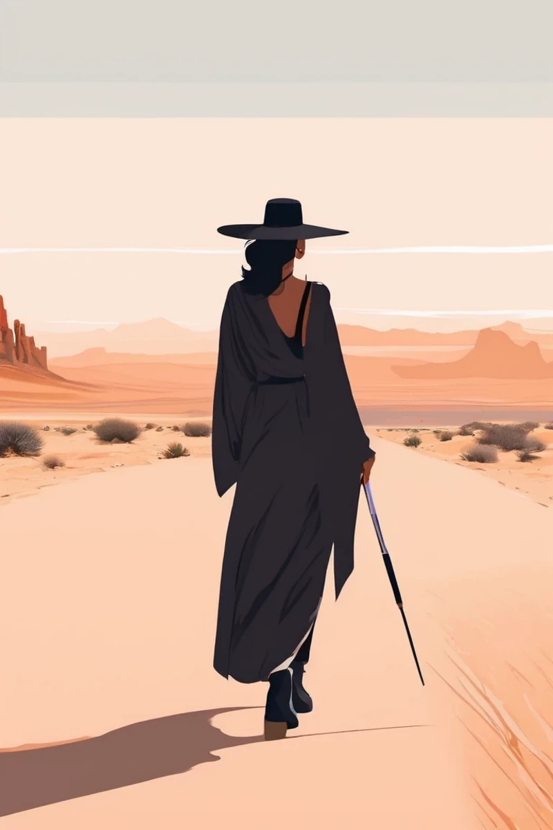 flvcil09 style <lora:style_09_sleek_sharpie_l0-x_flvcil09_style:1>, woman cluseup  standing, 
artist painter, draconian,
Desert highway and endless horizon, 
high quality, masterpiece, highres,