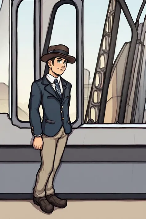 flvcil13 style <lora:style_13_cheerful_shade_l3-p_flvcil13_style:1>, man standing,
train attendant, striped,
Steampunk city and airships and gears,
high quality, masterpiece, highres,