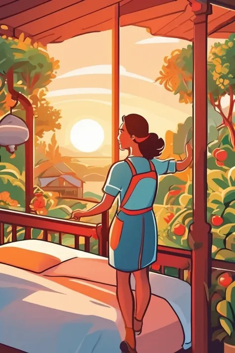 flvcil03 style <lora:style_03_cheerful_shade_l3-x_flvcil03_style:1>, woman  standing, 
chef, hyperdetailed,
Quaint bed and breakfast and sunrise, 
high quality, masterpiece, highres,