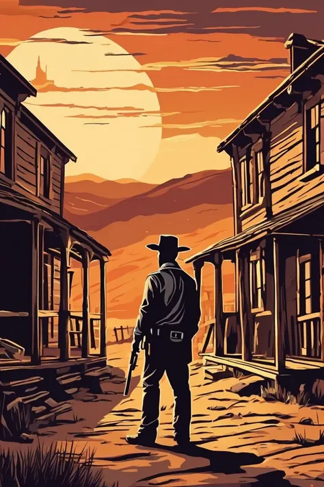 flvcil10 style <lora:style_10_pattern_heavy_l2-x_flvcil10_style:1>, man  standing, 
prisoner, sturdy,
Old western ghost town and dusk, 
high quality, masterpiece, highres,