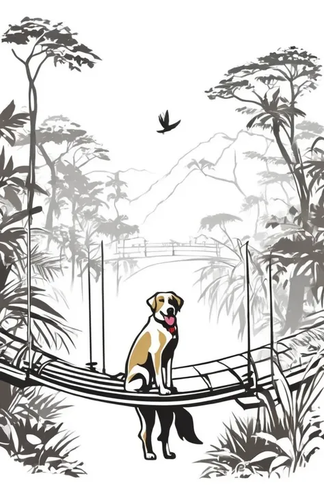 flvcil02 style <lora:style_02_bold_edge_l3-x_flvcil02_style:1>, dog standing,
butler, ancient,
Rainforest and hanging bridges and exotic birds,
high quality, masterpiece, highres,