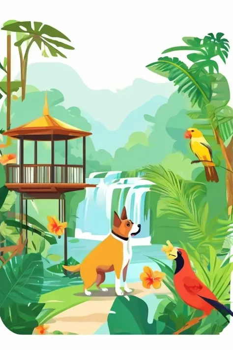 flvcil08 style <lora:style_08_simple_tone_l0-x_flvcil08_style:1>, dog standing,
butler, ancient,
Rainforest and hanging bridges and exotic birds,
high quality, masterpiece, highres,