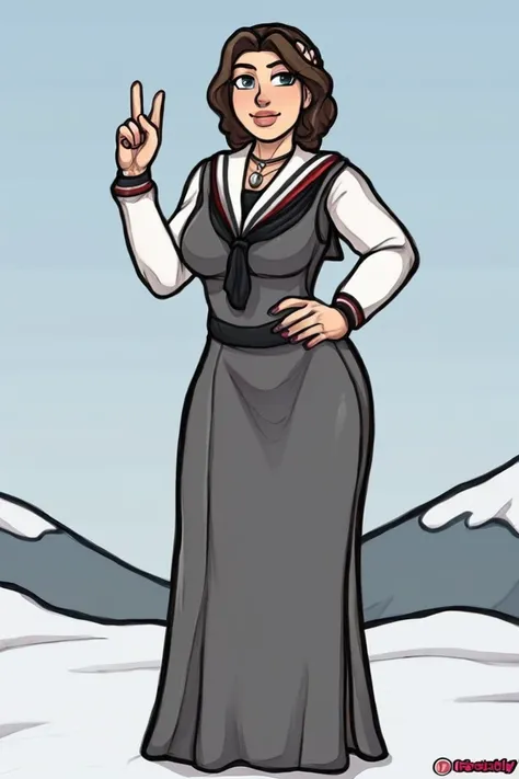 flvcil13 style <lora:style_13_cheerful_shade_l3-p_flvcil13_style:1>, woman cluseup standing,
sailor, elegant,
Snowy mountain lodge and ski slopes,
high quality, masterpiece, highres,