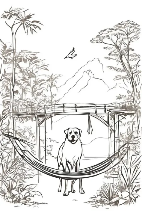 flvcil05 style <lora:style_05_line_art_l2-x_flvcil05_style:1>, dog standing,
butler, ancient,
Rainforest and hanging bridges and exotic birds,
high quality, masterpiece, highres,