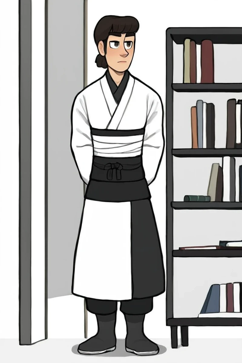 flvcil18 style <lora:style_18_simple_tone_l0-p_flvcil18_style:1>, dog standing,
samurai, painterly,
Old bookstore and shelves and quiet corners,
high quality, masterpiece, highres,