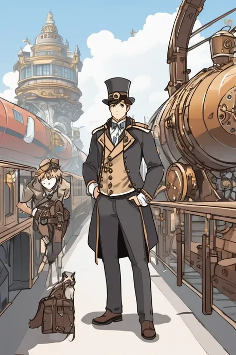 flvcil01 style <lora:style_01_pastel_charm_l1-x_flvcil01_style:1>, man standing,
train attendant, striped,
Steampunk city and airships and gears,
high quality, masterpiece, highres,