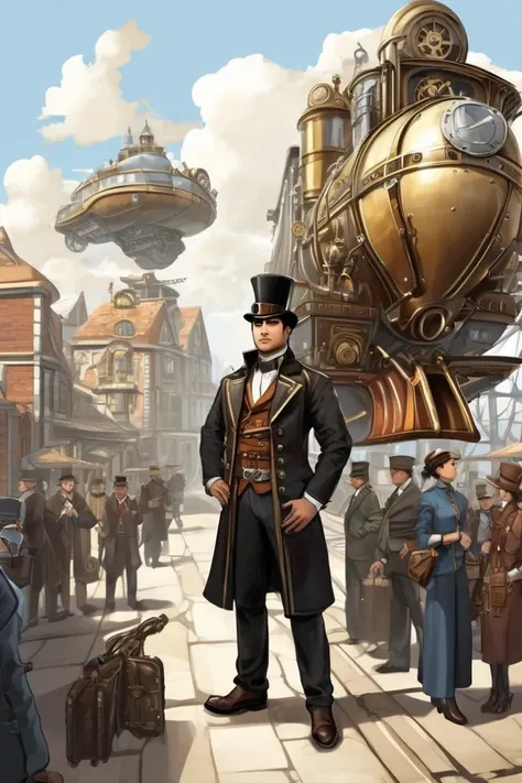 flvcil06 style <lora:style_06_cozy_palette_l0-x_flvcil06_style:1>, man  standing, 
train attendant, striped,
Steampunk city and airships and gears, 
high quality, masterpiece, highres,