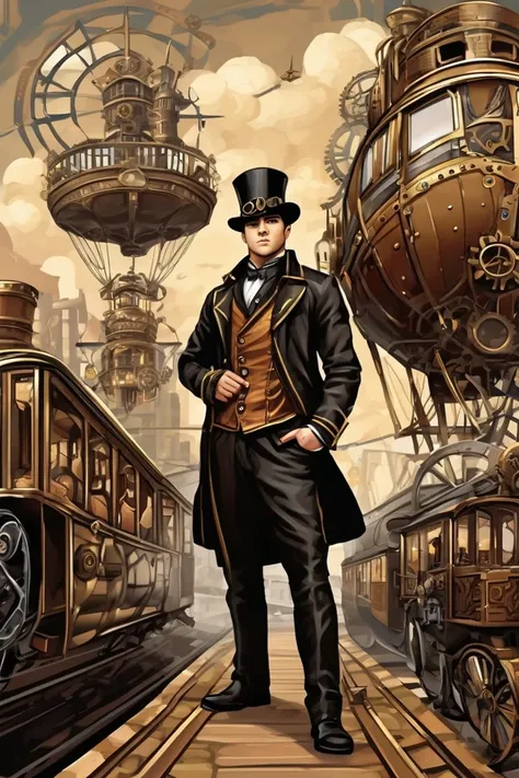 flvcil10 style <lora:style_10_pattern_heavy_l2-x_flvcil10_style:1>, man  standing, 
train attendant, striped,
Steampunk city and airships and gears, 
high quality, masterpiece, highres,