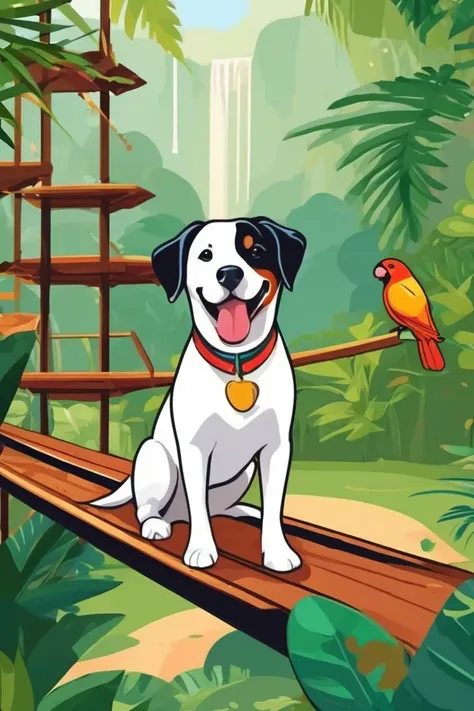 flvcil03 style <lora:style_03_cheerful_shade_l3-x_flvcil03_style:1>, dog  standing, 
butler, ancient,
Rainforest and hanging bridges and exotic birds, 
high quality, masterpiece, highres,