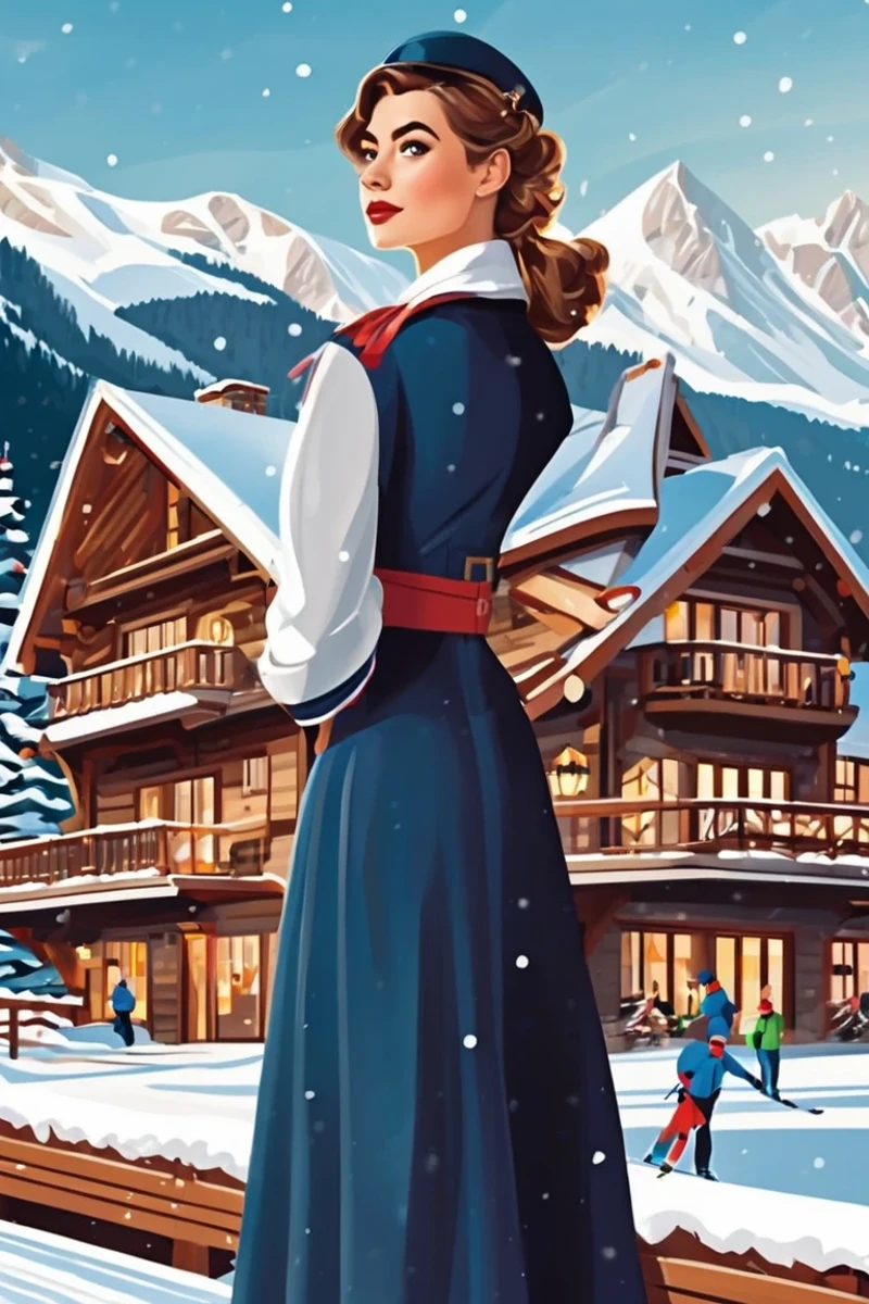 flvcil10 style <lora:style_10_pattern_heavy_l2-x_flvcil10_style:1>, woman cluseup standing,
sailor, elegant,
Snowy mountain lodge and ski slopes,
high quality, masterpiece, highres,
