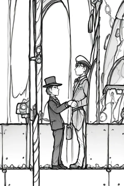flvcil15 style <lora:style_15_line_art_l2-p_flvcil15_style:1>, man standing,
train attendant, striped,
Steampunk city and airships and gears,
high quality, masterpiece, highres,