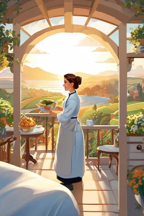 flvcil06 style <lora:style_06_cozy_palette_l0-x_flvcil06_style:1>, woman  standing, 
chef, hyperdetailed,
Quaint bed and breakfast and sunrise, 
high quality, masterpiece, highres,