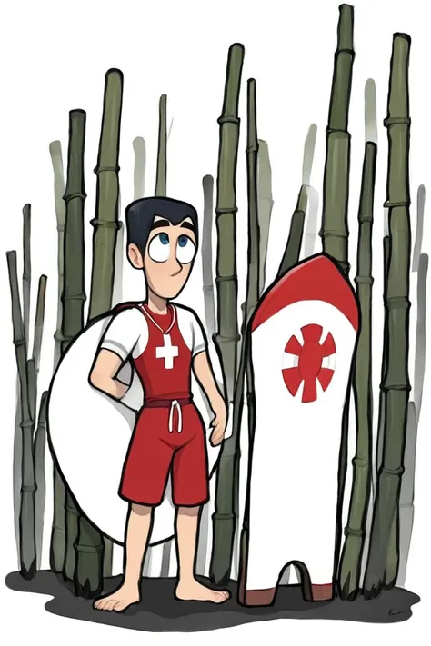 flvcil18 style <lora:style_18_simple_tone_l0-p_flvcil18_style:1>, man standing,
lifeguard, epic,
Bamboo forest and light filtering through,
high quality, masterpiece, highres,