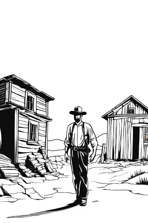 flvcil04 style <lora:style_04_mono_sketch_l1-x_flvcil04_style:1>, man  standing, 
prisoner, sturdy,
Old western ghost town and dusk, 
high quality, masterpiece, highres,