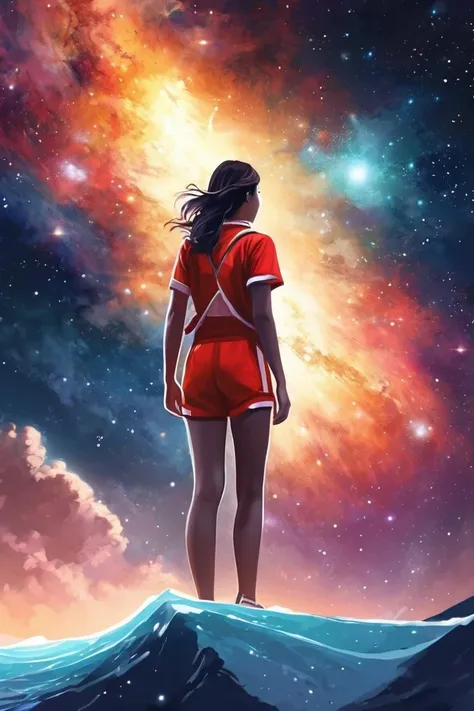 flvcil06 style <lora:style_06_cozy_palette_l0-x_flvcil06_style:1>, woman  standing, 
lifeguard, natural,
Deep space nebula and star clusters, 
high quality, masterpiece, highres,