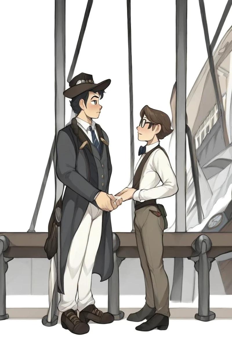 flvcil16 style <lora:style_16_cozy_palette_l0-p_flvcil16_style:1>, man standing,
train attendant, striped,
Steampunk city and airships and gears,
high quality, masterpiece, highres,