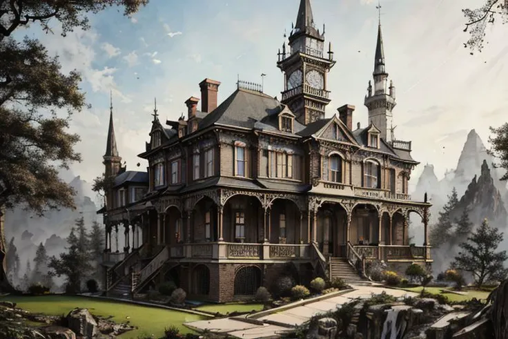 A third empire victorian mansion with a clock tower perched atop a craggy hill, an intricately detailed, hyper-realistic mixed media ink painting by Ismail Inceoglu, Hieronymus Bosch, Salvator Dali, Pino Daeni, and Kandinsky; maximalism, photorealism, precisionism, ambient occlusion, 3d liquid detailing, subsurface scattering, octane render, VRay, 16k, a masterpiece