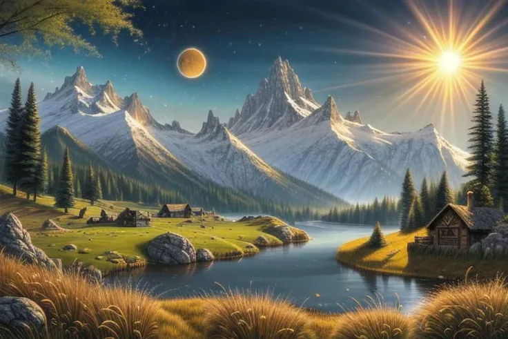 Best quality, highly detailed, medieval, fantasy, digital illustration, landscape, wide lake, grassy foreground, large mountain, snowy peak, grass, sun, field, forest in the background, river, two moons